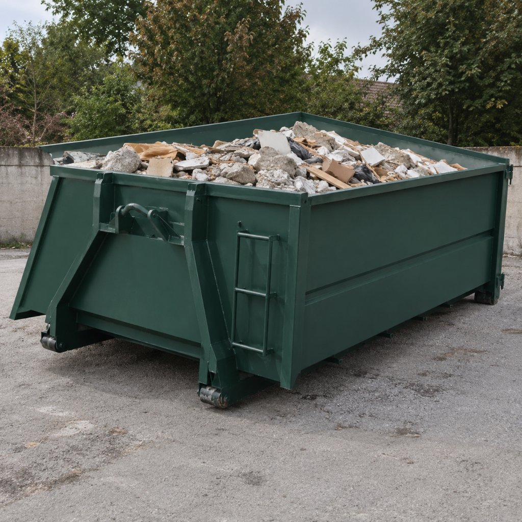 Benne vert sapin basculée sur un camion ampliroll, déchargeant des gravats et du bois.