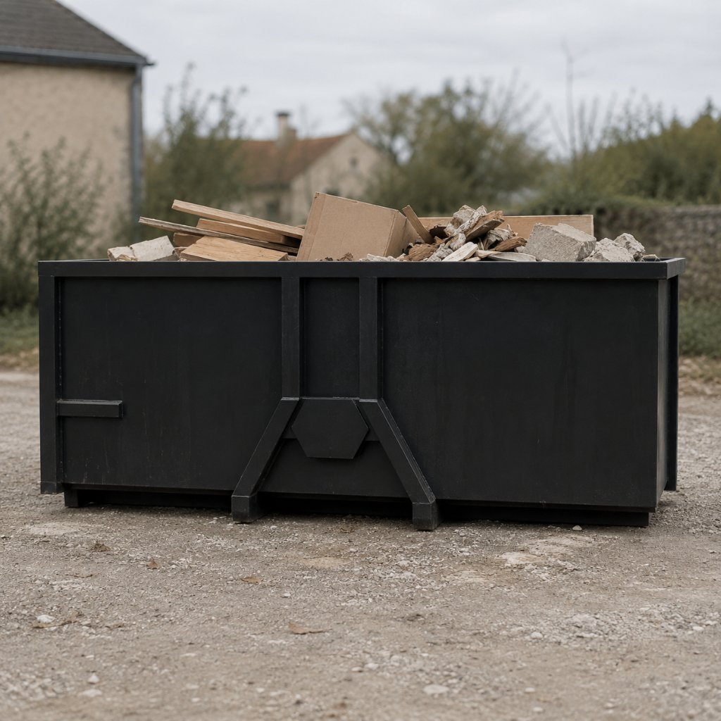 Benne noire chargée de gravats, de bois et de cartons, vue de profil sur un terrain.