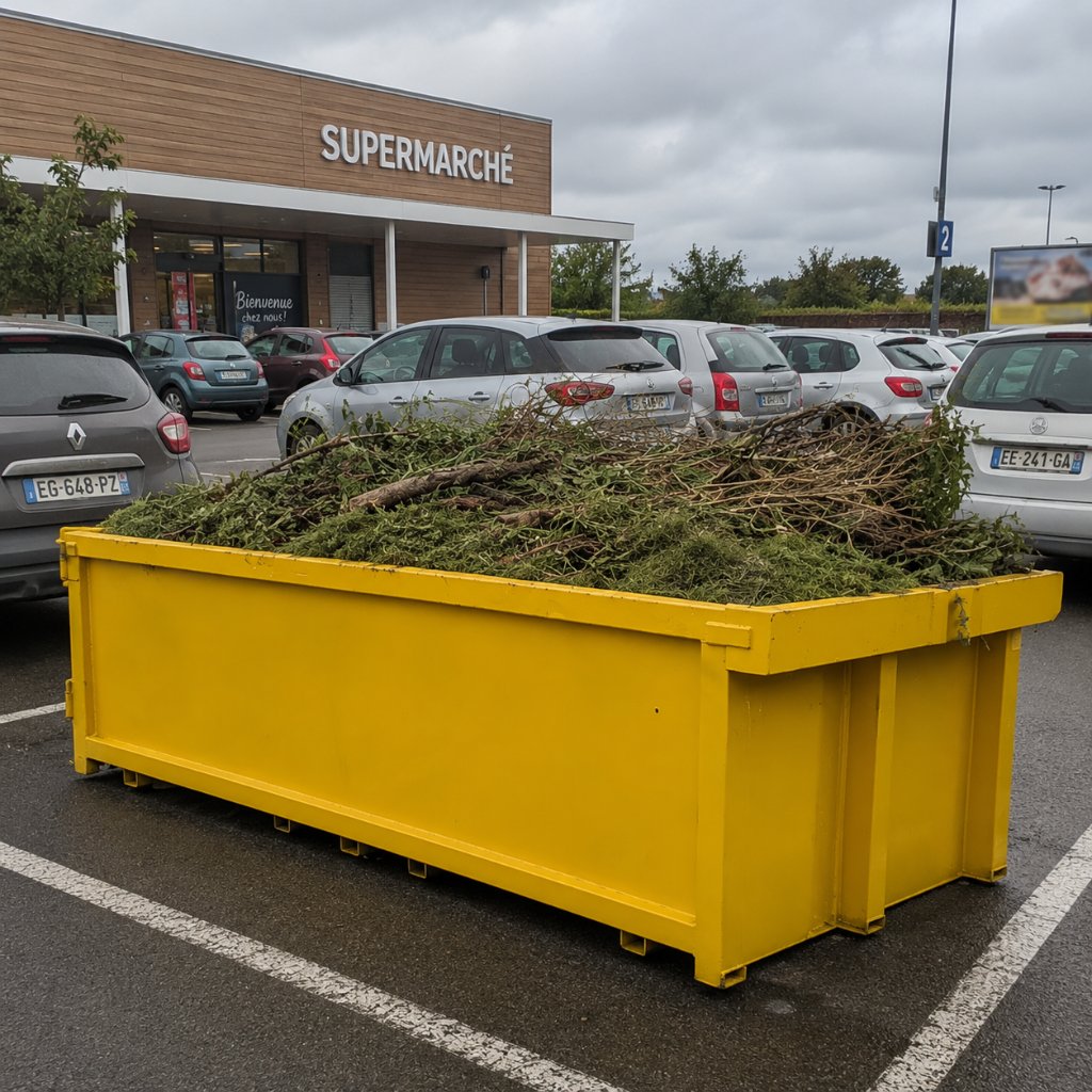 Benne jaune chargée de déchets verts sur le parking d'un supermarché en France.